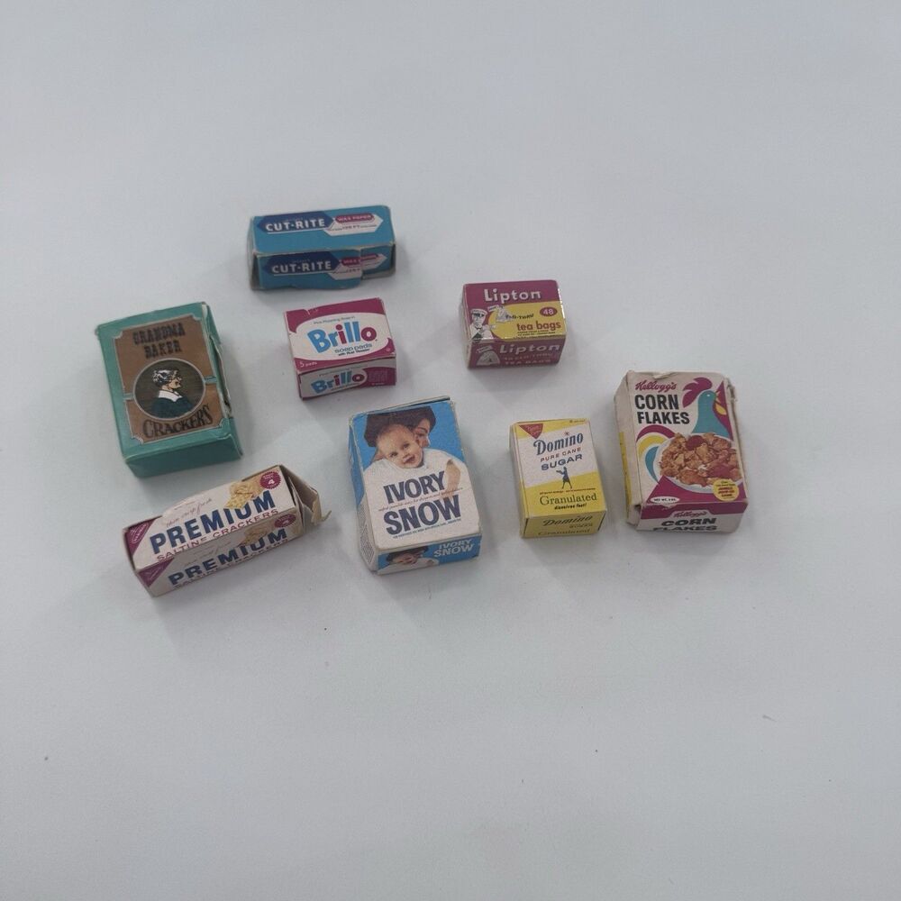 Lot 8 Vintage Dollhouse Miniature Food & Kitchen Corn Flakes Brillo Domino Ivory